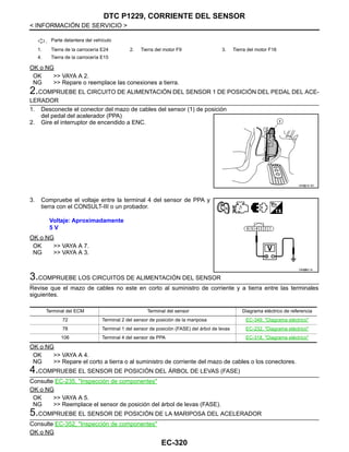 EC-320
< INFORMACIÓN DE SERVICIO >
DTC P1229, CORRIENTE DEL SENSOR
OK o NG
OK >> VAYA A 2.
NG >> Repare o reemplace las conexiones a tierra.
2.COMPRUEBE EL CIRCUITO DE ALIMENTACIÓN DEL SENSOR 1 DE POSICIÓN DEL PEDAL DEL ACE-
LERADOR
1. Desconecte el conector del mazo de cables del sensor (1) de posición
del pedal del acelerador (PPA)
2. Gire el interruptor de encendido a ENC.
3. Compruebe el voltaje entre la terminal 4 del sensor de PPA y
tierra con el CONSULT-III o un probador.
OK o NG
OK >> VAYA A 7.
NG >> VAYA A 3.
3.COMPRUEBE LOS CIRCUITOS DE ALIMENTACIÓN DEL SENSOR
Revise que el mazo de cables no este en corto al suministro de corriente y a tierra entre las terminales
siguientes.
OK o NG
OK >> VAYA A 4.
NG >> Repare el corto a tierra o al suministro de corriente del mazo de cables o los conectores.
4.COMPRUEBE EL SENSOR DE POSICIÓN DEL ÁRBOL DE LEVAS (FASE)
Consulte EC-235, "Inspección de componentes"
OK o NG
OK >> VAYA A 5.
NG >> Reemplace el sensor de posición del árbol de levas (FASE).
5.COMPRUEBE EL SENSOR DE POSICIÓN DE LA MARIPOSA DEL ACELERADOR
Consulte EC-352, "Inspección de componentes"
OK o NG
: Parte delantera del vehículo
1. Tierra de la carrocería E24 2. Tierra del motor F9 3. Tierra del motor F16
4. Tierra de la carrocería E15
AAH@/ 6/ 4D
Voltaje: Aproximadamente
5 V
OAH@85/ 5I
Terminal del ECM Terminal del sensor Diagrama eléctrico de referencia
72 Terminal 2 del sensor de posición de la mariposa EC-349, "Diagrama eléctrico"
78 Terminal 1 del sensor de posición (FASE) del árbol de levas EC-232, "Diagrama eléctrico"
106 Terminal 4 del sensor de PPA EC-318, "Diagrama eléctrico"
Revisión: Agosto de 2008 2009 Tiida
 
