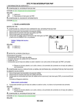 EC-326
< INFORMACIÓN DE SERVICIO >
DTC P1706 INTERRUPTOR PNP
4.COMPRUEBE EL INTERRUPTOR DE PNP
Consulte AT-181, "Inspección de componentes"
OK o NG
OK >> VAYA A 5.
NG >> Reemplace el interruptor de PNP.
5.COMPRUEBE EL INCIDENTE INTERMITENTE
Consulte EC-111.
>> FIN DE LA INSPECCIÓN
MODELOS T/M
1.COMPRUEBE EL CIRCUITO DE CORRIENTE DEL INTERRUPTOR DE PNP
1. Gire el interruptor de encendido a la posición APAG.
2. Desenchufe el conector del mazo de cables del PNP.
3. Gire el interruptor de encendido a ENC.
4. Compruebe el voltaje entre la terminal 2 del interruptor de PNP
y tierra con el CONSULT-III o un probador.
OK o NG
OK >> VAYA A 3.
NG >> VAYA A 2.
2.DETECTE LA PIEZA CON FALLA
Compruebe lo siguiente.
• Conectores E8, F8 del mazo de cables
• Conector del mazo de cables E43 de IPDM E/R
• Fusible de 10 A
• Compruebe que el mazo de cables no está ni abierto ni en corto entre el interruptor de PNP y el fusible
>> Repare el circuito abierto o en corto a tierra o al suministro de corriente en el mazo de cables o
los conectores.
3.COMPRUEBE QUE EL CIRCUITO DE LA SEÑAL DE ENTRADA DEL INTERRUPTOR DE PNP NO ESTÉ
NI ABIERTO NI EN CORTO
1. Gire el interruptor de encendido a la posición APAG.
2. Desenchufe el conector del mazo de cables del ECM.
3. Compruebe la continuidad del mazo de cables entre la terminal 3 del interruptor PNP y la terminal 69 del
ECM.
Consulte el Diagrama eléctrico.
4. Compruebe también que el mazo de cables no esté en corto, ni a tierra ni al suministro de corriente.
OK o NG
OK >> VAYA A 4.
NG >> Repare el circuito abierto o en corto a tierra o al suministro de corriente en el mazo de cables o
los conectores.
4.COMPRUEBE EL INTERRUPTOR DE PNP
Consulte AT-181, "Inspección de componentes"
OK o NG
Voltaje: Voltaje del acumu-
lador
OAHA2/ / 2D
Debe existir continuidad.
Revisión: Agosto de 2008 2009 Tiida
 