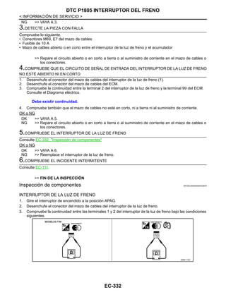 EC-332
< INFORMACIÓN DE SERVICIO >
DTC P1805 INTERRUPTOR DEL FRENO
NG >> VAYA A 3.
3.DETECTE LA PIEZA CON FALLA
Compruebe lo siguiente.
• Conectores M69, E7 del mazo de cables
• Fusible de 10 A
• Mazo de cables abierto o en corto entre el interruptor de la luz de freno y el acumulador
>> Repare el circuito abierto o en corto a tierra o al suministro de corriente en el mazo de cables o
los conectores.
4.COMPRUEBE QUE EL CIRCUITO DE SEÑAL DE ENTRADA DEL INTERRUPTOR DE LA LUZ DE FRENO
NO ESTÉ ABIERTO NI EN CORTO
1. Desenchufe el conector del mazo de cables del interruptor de la luz de freno (1).
2. Desenchufe el conector del mazo de cables del ECM.
3. Compruebe la continuidad entre la terminal 2 del interruptor de la luz de freno y la terminal 99 del ECM.
Consulte el Diagrama eléctrico.
4. Compruebe también que el mazo de cables no esté en corto, ni a tierra ni al suministro de corriente.
OK o NG
OK >> VAYA A 5.
NG >> Repare el circuito abierto o en corto a tierra o al suministro de corriente en el mazo de cables o
los conectores.
5.COMPRUEBE EL INTERRUPTOR DE LA LUZ DE FRENO
Consulte EC-332, "Inspección de componentes"
OK o NG
OK >> VAYA A 6.
NG >> Reemplace el interruptor de la luz de freno.
6.COMPRUEBE EL INCIDENTE INTERMITENTE
Consulte EC-111.
>> FIN DE LA INSPECCIÓN
Inspección de componentes INFOID:0000000004333876
INTERRUPTOR DE LA LUZ DE FRENO
1. Gire el interruptor de encendido a la posición APAG.
2. Desenchufe el conector del mazo de cables del interruptor de la luz de freno.
3. Compruebe la continuidad entre las terminales 1 y 2 del interruptor de la luz de freno bajo las condiciones
siguientes.
Debe existir continuidad.
OAHA1174D
Revisión: Agosto de 2008 2009 Tiida
 