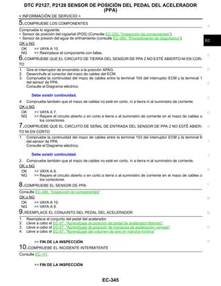 DTC P2127, P2128 SENSOR DE POSICIÓN DEL PEDAL DEL ACELERADOR
(PPA)
EC-345
< INFORMACIÓN DE SERVICIO >
C
D
E
F
G
H
I
J
K
L
M
A
EC
N
P
O
5.COMPRUEBE LOS COMPONENTES
Compruebe lo siguiente.
• Sensor de posición del cigüeñal (POS) (Consulte EC-230, "Inspección de componentes").
• Sensor de presión del agua de enfriamiento (consulte EC-385, "Procedimiento de diagnóstico").
OK o NG
OK >> VAYA A 10.
NG >> Reemplace el componente con fallas.
6.COMPRUEBE QUE EL CIRCUITO DE TIERRA DEL SENSOR DE PPA 2 NO ESTÉ ABIERTO NI EN COR-
TO
1. Gire el interruptor de encendido a la posición APAG.
2. Desenchufe el conector del mazo de cables del ECM.
3. Compruebe la continuidad del mazo de cables entre la terminal 104 del interruptor ECM y la terminal 1
del sensor de PPA.
Consulte el Diagrama eléctrico.
4. Compruebe también que el mazo de cables no esté en corto, ni a tierra ni al suministro de corriente.
OK o NG
OK >> VAYA A 7.
NG >> Repare el circuito abierto o en corto a tierra o al suministro de corriente en el mazo de cables o
los conectores.
7.COMPRUEBE QUE EL CIRCUITO DE SEÑAL DE ENTRADA DEL SENSOR DE PPA 2 NO ESTÉ ABIER-
TO NI EN CORTO
1. Compruebe la continuidad del mazo de cables entre la terminal 103 del interruptor ECM y la terminal 6
del sensor de PPA.
Consulte el Diagrama eléctrico.
2. Compruebe también que el mazo de cables no esté en corto, ni a tierra ni al suministro de corriente.
OK o NG
OK >> VAYA A 8.
NG >> Repare el circuito abierto o en corto a tierra o al suministro de corriente en el mazo de cables o
los conectores.
8.COMPRUEBE EL SENSOR DE PPA
Consulte EC-346, "Inspección de componentes"
OK o NG
OK >> VAYA A 10.
NG >> VAYA A 9.
9.REEMPLACE EL CONJUNTO DEL PEDAL DEL ACELERADOR
1. Reemplace el conjunto del pedal del acelerador
2. Lleve a cabo el EC-57, "Aprendizaje de posición de pedal de acelerador liberado".
3. Lleve a cabo el EC-57, "Aprendizaje de posición de mariposa de aceleración cerrada".
4. Lleve a cabo el EC-57, "Aprendizaje del volumen de aire en marcha mínima"
>> FIN DE LA INSPECCIÓN
10.COMPRUEBE EL INCIDENTE INTERMITENTE
Consulte EC-111.
>> FIN DE LA INSPECCIÓN
Debe existir continuidad.
Debe existir continuidad.
Revisión: Agosto de 2008 2009 Tiida
 