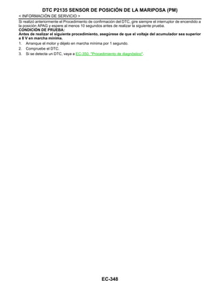 EC-348
< INFORMACIÓN DE SERVICIO >
DTC P2135 SENSOR DE POSICIÓN DE LA MARIPOSA (PM)
Si realizó anteriormente el Procedimiento de confirmación del DTC, gire siempre el interruptor de encendido a
la posición APAG y espere al menos 10 segundos antes de realizar la siguiente prueba.
CONDICIÓN DE PRUEBA:
Antes de realizar el siguiente procedimiento, asegúrese de que el voltaje del acumulador sea superior
a 8 V en marcha mínima.
1. Arranque el motor y déjelo en marcha mínima por 1 segundo.
2. Compruebe el DTC.
3. Si se detecta un DTC, vaya a EC-350, "Procedimiento de diagnóstico".
Revisión: Agosto de 2008 2009 Tiida
 