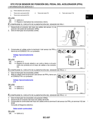 DTC P2138 SENSOR DE POSICIÓN DEL PEDAL DEL ACELERADOR (PPA)
EC-357
< INFORMACIÓN DE SERVICIO >
C
D
E
F
G
H
I
J
K
L
M
A
EC
N
P
O
OK o NG
OK >> VAYA A 2.
NG >> Repare o reemplace las conexiones a tierra.
2.COMPRUEBE EL CIRCUITO DE ALIMENTACIÓN DEL SENSOR DE PPA 1
1. Desenchufe el conector del mazo de cables del sensor (1) de
posición del pedal del acelerador (PPA).
2. Gire el interruptor de encendido a ENC.
3. Compruebe el voltaje entre la terminal 4 del sensor de PPA y
tierra con el CONSULT-III o un probador.
OK o NG
OK >> VAYA A 3.
NG >> Repare el circuito abierto o en corto a tierra o al sumi-
nistro de corriente en el mazo de cables o los conecto-
res.
3.COMPRUEBE EL CIRCUITO DE ALIMENTACIÓN DEL SENSOR DE PPA 2 - I
1. Gire el interruptor de encendido a ENC.
2. Mida el voltaje entre la terminal 5 del sensor de PPA y tierra con
el CONSULT-III o un probador.
OK o NG
OK >> VAYA A 7.
NG >> VAYA A 4.
4.COMPRUEBE EL CIRCUITO DE ALIMENTACIÓN DEL SENSOR DE PPA 2 - II
1. Gire el interruptor de encendido a la posición APAG.
2. Desenchufe el conector del mazo de cables del ECM.
3. Compruebe la continuidad del mazo de cables entre la terminal 5 del sensor de PPA y la terminal 102 del
ECM.
Consulte el Diagrama eléctrico.
OK o NG
OK >> VAYA A 5.
: Parte delantera del vehículo
1. Tierra de la carrocería E24 2. Tierra del motor F9 3. Tierra del motor F16
4. Tierra de la carrocería E15
AAH@/ 6/ 4D
Voltaje: Aproximadamente
5 V
OAH@85/ 5I
Voltaje: Aproximadamente
5 V
OAH@85/ 6I
Debe existir continuidad.
Revisión: Agosto de 2008 2009 Tiida
 