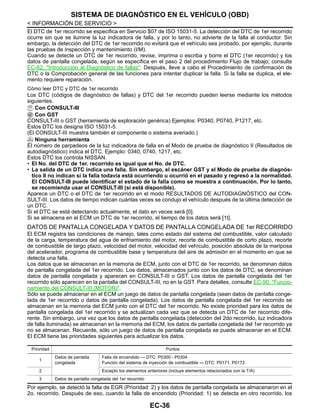 EC-36
< INFORMACIÓN DE SERVICIO >
SISTEMA DE DIAGNÓSTICO EN EL VEHÍCULO (OBD)
El DTC de 1er recorrido se especifica en Servicio $07 de ISO 15031-5. La detección del DTC de 1er recorrido
ocurre sin que se ilumine la luz indicadora de falla, y por lo tanto, no advierte de la falla al conductor. Sin
embargo, la detección del DTC de 1er recorrido no evitará que el vehículo sea probado, por ejemplo, durante
las pruebas de inspección y mantenimiento (I/M).
Cuando se detecte un DTC de 1er recorrido, revise, imprima o escriba y borre el DTC (1er recorrido) y los
datos de pantalla congelada, según se especifica en el paso 2 del procedimiento Flujo de trabajo; consulte
EC-62, "Introducción al Diagnóstico de fallas". Después, lleve a cabo el Procedimiento de confirmación de
DTC o la Comprobación general de las funciones para intentar duplicar la falla. Si la falla se duplica, el ele-
mento requiere reparación.
Cómo leer DTC y DTC de 1er recorrido
Los DTC (códigos de diagnóstico de fallas) y DTC del 1er recorrido pueden leerse mediante los métodos
siguientes.
Con CONSULT-III
Con GST
CONSULT-III o GST (herramienta de exploración genérica) Ejemplos: P0340, P0740, P1217, etc.
Estos DTC los designa ISO 15031-5.
(El CONSULT-III muestra también el componente o sistema averiado.)
Ninguna herramienta
El número de parpadeos de la luz indicadora de falla en el Modo de prueba de diagnóstico II (Resultados de
autodiagnóstico) indica el DTC. Ejemplo: 0340, 0740, 1217, etc.
Estos DTC los controla NISSAN.
• El No. del DTC de 1er. recorrido es igual que el No. de DTC.
• La salida de un DTC indica una falla. Sin embargo, el escáner GST y el Modo de prueba de diagnós-
tico II no indican si la falla todavía está ocurriendo u ocurrió en el pasado y regresó a la normalidad.
El CONSULT-III puede identificar el estado de la falla como se muestra a continuación. Por lo tanto,
se recomienda usar el CONSULT-III (si está disponible).
Aparece un DTC o el DTC de 1er recorrido en el modo RESULTADOS DE AUTODIAGNÓSTICO del CON-
SULT-III. Los datos de tiempo indican cuántas veces se condujo el vehículo después de la última detección de
un DTC.
Si el DTC se está detectando actualmente, el dato en veces será [0].
Si se almacena en el ECM un DTC de 1er recorrido, el tiempo de los datos será [1t].
DATOS DE PANTALLA CONGELADA Y DATOS DE PANTALLA CONGELADA DE 1er RECORRIDO
El ECM registra las condiciones de manejo, tales como estado del sistema del combustible, valor calculado
de la carga, temperatura del agua de enfriamiento del motor, recorte de combustible de corto plazo, recorte
de combustible de largo plazo, velocidad del motor, velocidad del vehículo, posición absoluta de la mariposa
del acelerador, programa de combustible base y temperatura del aire de admisión en el momento en que se
detecta una falla.
Los datos que se almacenan en la memoria de ECM, junto con el DTC de 1er recorrido, se denominan datos
de pantalla congelada del 1er recorrido. Los datos, almacenados junto con los datos de DTC, se denominan
datos de pantalla congelada y aparecen en CONSULT-III o GST. Los datos de pantalla congelada del 1er
recorrido sólo aparecen en la pantalla del CONSULT-III, no en la GST. Para detalles, consulte EC-90, "Funcio-
namiento del CONSULT-III (MOTOR)".
Sólo se puede almacenar en el ECM un juego de datos de pantalla congelada (sean datos de pantalla conge-
lada de 1er recorrido o datos de pantalla congelada). Los datos de pantalla congelada del 1er recorrido se
almacenan en la memoria del ECM junto con el DTC del 1er recorrido. No existe prioridad para los datos de
pantalla congelada del 1er recorrido y se actualizan cada vez que se detecta un DTC de 1er recorrido dife-
rente. Sin embargo, una vez que los datos de pantalla congelada (detección del 2do recorrido, luz indicadora
de falla iluminada) se almacenan en la memoria del ECM, los datos de pantalla congelada del 1er recorrido ya
no se almacenan. Recuerde, sólo un juego de datos de pantalla congelada se puede almacenar en el ECM.
El ECM tiene las prioridades siguientes para actualizar los datos.
Por ejemplo, se detectó la falla de EGR (Prioridad: 2) y los datos de pantalla congelada se almacenaron en el
2o. recorrido. Después de eso, cuando la falla de encendido (Prioridad: 1) se detecta en otro recorrido, los
Prioridad Puntos
1
Datos de pantalla
congelada
Falla de encendido — DTC: P0300 - P0304
Función del sistema de inyección de combustible — DTC: P0171, P0172
2 Excepto los elementos anteriores (incluye elementos relacionados con la T/A)
3 Datos de pantalla congelada del 1er recorrido
Revisión: Agosto de 2008 2009 Tiida
 