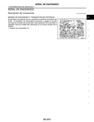 SEÑAL DE ENCENDIDO
EC-373
< INFORMACIÓN DE SERVICIO >
C
D
E
F
G
H
I
J
K
L
M
A
EC
N
P
O
SEÑAL DE ENCENDIDO
Descripción del componente INFOID:0000000004333929
BOBINA DE ENCENDIDO Y TRANSISTOR DE POTENCIA
El transistor de potencia envía y amplifica la señal de encendido del
ECM. El transistor de alimentación enciende y apaga el circuito
principal de la bobina de encendido. Esta operación de encendido y
apagado induce el voltaje alto adecuado en el circuito auxiliar de la
bobina.
• Inyector de combustible (1)
OAH@876/ I
Revisión: Agosto de 2008 2009 Tiida
 