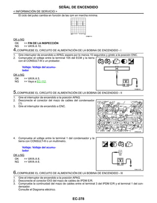 EC-378
< INFORMACIÓN DE SERVICIO >
SEÑAL DE ENCENDIDO
El ciclo del pulso cambia en función de las rpm en marcha mínima.
OK o NG
OK >> FIN DE LA INSPECCIÓN
NG >> VAYA A 10.
4.COMPRUEBE EL CIRCUITO DE ALIMENTACIÓN DE LA BOBINA DE ENCENDIDO - I
1. Gire interruptor de encendido a APAG, espere por lo menos 10 segundos y gírelo a la posición ENC.
2. Compruebe el voltaje entre la terminal 105 del ECM y la tierra
con el CONSULT-III o un probador.
OK o NG
OK >> VAYA A 5.
NG >> Vaya a EC-112.
5.COMPRUEBE EL CIRCUITO DE ALIMENTACIÓN DE LA BOBINA DE ENCENDIDO - II
1. Gire el interruptor de encendido a la posición APAG.
2. Desconecte el conector del mazo de cables del condensador
(1).
3. Gire el interruptor de encendido a ENC.
4. Compruebe el voltaje entre la terminal 1 del condensador y la
tierra con CONSULT-III o un multímetro.
OK o NG
OK >> VAYA A 8.
NG >> VAYA A 6.
6.COMPRUEBE EL CIRCUITO DE ALIMENTACIÓN DE LA BOBINA DE ENCENDIDO - III
1. Gire el interruptor de encendido a la posición APAG.
2. Desconecte el conector E43 del mazo de cables de IPDM E/R.
3. Compruebe la continuidad del mazo de cables entre el terminal 3 del IPDM E/R y el terminal 1 del con-
densador.
Consulte el Diagrama eléctrico.
OAH@8154I
Voltaje: Voltaje del acumu-
lador
OAH@8464I
OAHA2218D
Voltaje: Voltaje del acumu-
lador
OAHA/ 513D
Revisión: Agosto de 2008 2009 Tiida
 