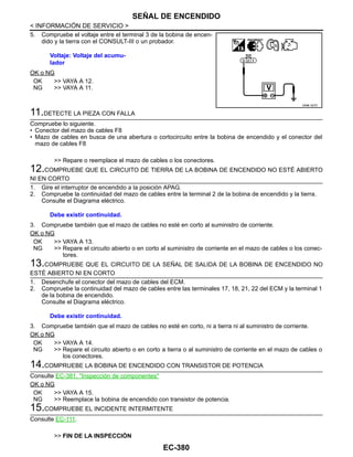 EC-380
< INFORMACIÓN DE SERVICIO >
SEÑAL DE ENCENDIDO
5. Compruebe el voltaje entre el terminal 3 de la bobina de encen-
dido y la tierra con el CONSULT-III o un probador.
OK o NG
OK >> VAYA A 12.
NG >> VAYA A 11.
11.DETECTE LA PIEZA CON FALLA
Compruebe lo siguiente.
• Conector del mazo de cables F8
• Mazo de cables en busca de una abertura o cortocircuito entre la bobina de encendido y el conector del
mazo de cables F8
>> Repare o reemplace el mazo de cables o los conectores.
12.COMPRUEBE QUE EL CIRCUITO DE TIERRA DE LA BOBINA DE ENCENDIDO NO ESTÉ ABIERTO
NI EN CORTO
1. Gire el interruptor de encendido a la posición APAG.
2. Compruebe la continuidad del mazo de cables entre la terminal 2 de la bobina de encendido y la tierra.
Consulte el Diagrama eléctrico.
3. Compruebe también que el mazo de cables no esté en corto al suministro de corriente.
OK o NG
OK >> VAYA A 13.
NG >> Repare el circuito abierto o en corto al suministro de corriente en el mazo de cables o los conec-
tores.
13.COMPRUEBE QUE EL CIRCUITO DE LA SEÑAL DE SALIDA DE LA BOBINA DE ENCENDIDO NO
ESTÉ ABIERTO NI EN CORTO
1. Desenchufe el conector del mazo de cables del ECM.
2. Compruebe la continuidad del mazo de cables entre las terminales 17, 18, 21, 22 del ECM y la terminal 1
de la bobina de encendido.
Consulte el Diagrama eléctrico.
3. Compruebe también que el mazo de cables no esté en corto, ni a tierra ni al suministro de corriente.
OK o NG
OK >> VAYA A 14.
NG >> Repare el circuito abierto o en corto a tierra o al suministro de corriente en el mazo de cables o
los conectores.
14.COMPRUEBE LA BOBINA DE ENCENDIDO CON TRANSISTOR DE POTENCIA
Consulte EC-381, "Inspección de componentes"
OK o NG
OK >> VAYA A 15.
NG >> Reemplace la bobina de encendido con transistor de potencia.
15.COMPRUEBE EL INCIDENTE INTERMITENTE
Consulte EC-111.
>> FIN DE LA INSPECCIÓN
Voltaje: Voltaje del acumu-
lador
OAHA/ 027D
Debe existir continuidad.
Debe existir continuidad.
Revisión: Agosto de 2008 2009 Tiida
 