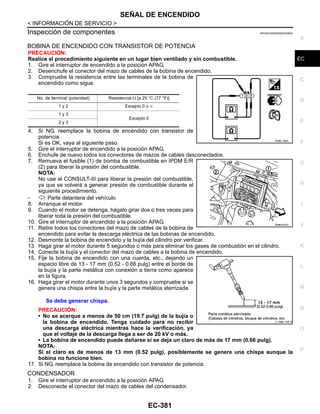SEÑAL DE ENCENDIDO
EC-381
< INFORMACIÓN DE SERVICIO >
C
D
E
F
G
H
I
J
K
L
M
A
EC
N
P
O
Inspección de componentes INFOID:0000000004333932
BOBINA DE ENCENDIDO CON TRANSISTOR DE POTENCIA
PRECAUCIÓN:
Realice el procedimiento siguiente en un lugar bien ventilado y sin combustible.
1. Gire el interruptor de encendido a la posición APAG.
2. Desenchufe el conector del mazo de cables de la bobina de encendido.
3. Compruebe la resistencia entre las terminales de la bobina de
encendido como sigue.
4. Si NG, reemplace la bobina de encendido con transistor de
potencia.
Si es OK, vaya al siguiente paso.
5. Gire el interruptor de encendido a la posición APAG.
6. Enchufe de nuevo todos los conectores de mazos de cables desconectados.
7. Remueva el fusible (1) de bomba de combustible en IPDM E/R
(2) para liberar la presión del combustible.
NOTA:
No use el CONSULT-III para liberar la presión del combustible,
ya que se volverá a generar presión de combustible durante el
siguiente procedimiento.
- : Parte delantera del vehículo
8. Arranque el motor.
9. Cuando el motor se detenga, hágalo girar dos o tres veces para
liberar toda la presión del combustible.
10. Gire el interruptor de encendido a la posición APAG.
11. Retire todos los conectores del mazo de cables de la bobina de
encendido para evitar la descarga eléctrica de las bobinas de encendido.
12. Desmonte la bobina de encendido y la bujía del cilindro por verificar.
13. Haga girar el motor durante 5 segundos o más para eliminar los gases de combustión en el cilindro.
14. Conecte la bujía y el conector del mazo de cables a la bobina de encendido.
15. Fije la bobina de encendido con una cuerda, etc., dejando un
espacio libre de 13 - 17 mm (0.52 - 0.66 pulg) entre el borde de
la bujía y la parte metálica con conexión a tierra como aparece
en la figura.
16. Haga girar el motor durante unos 3 segundos y compruebe si se
genera una chispa entre la bujía y la parte metálica aterrizada.
PRECAUCIÓN:
• No se acerque a menos de 50 cm (19.7 pulg) de la bujía o
la bobina de encendido. Tenga cuidado para no recibir
una descarga eléctrica mientras hace la verificación, ya
que el voltaje de la descarga llega a ser de 20 kV o más.
• La bobina de encendido puede dañarse si se deja un claro de más de 17 mm (0.66 pulg).
NOTA:
Si el claro es de menos de 13 mm (0.52 pulg), posiblemente se genere una chispa aunque la
bobina no funcione bien.
17. Si NG, reemplace la bobina de encendido con transistor de potencia.
CONDENSADOR
1. Gire el interruptor de encendido a la posición APAG.
2. Desconecte el conector del mazo de cables del condensador.
No. de terminal (polaridad) Resistencia Ω [a 25 °C (77 °F)]
1 y 2 Excepto 0 o ∞
1 y 3
Excepto 0
2 y 3
Se debe generar chispa.
OAHA/ 736D
OAHA1847D
I L AH@/ / 55F A
Revisión: Agosto de 2008 2009 Tiida
 
