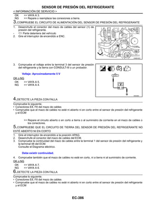 EC-386
< INFORMACIÓN DE SERVICIO >
SENSOR DE PRESIÓN DEL REFRIGERANTE
OK >> VAYA A 3.
NG >> Repare o reemplace las conexiones a tierra.
3.COMPRUEBE EL CIRCUITO DE ALIMENTACIÓN DEL SENSOR DE PRESIÓN DEL REFRIGERANTE
1. Desenchufe el conector del mazo de cables del sensor (1) de
presión del refrigerante.
- : Parte delantera del vehículo
2. Gire el interruptor de encendido a ENC.
3. Compruebe el voltaje entre la terminal 3 del sensor de presión
del refrigerante y la tierra con CONSULT-III o un probador.
OK o NG
OK >> VAYA A 5.
NG >> VAYA A 4.
4.DETECTE LA PIEZA CON FALLA
Compruebe lo siguiente.
• Conectores E8, F8 del mazo de cables
• Compruebe que el mazo de cables no esté ni abierto ni en corto entre el sensor de presión del refrigerante
y el ECM
>> Repare el circuito abierto o en corto a tierra o al suministro de corriente en el mazo de cables o
los conectores.
5.COMPRUEBE QUE EL CIRCUITO DE TIERRA DEL SENSOR DE PRESIÓN DEL REFRIGERANTE NO
ESTÉ ABIERTO NI EN CORTO
1. Gire el interruptor de encendido a la posición APAG.
2. Desenchufe el conector del mazo de cables del ECM.
3. Compruebe la continuidad del mazo de cables entre la terminal 1 del sensor de presión del refrigerante y
la terminal 48 del ECM.
Consulte el Diagrama eléctrico.
4. Compruebe también que el mazo de cables no esté en corto, ni a tierra ni al suministro de corriente.
OK o NG
OK >> VAYA A 7.
NG >> VAYA A 6.
6.DETECTE LA PIEZA CON FALLA
Compruebe lo siguiente.
• Conectores E8, F8 del mazo de cables
• Compruebe que el mazo de cables no esté ni abierto ni en corto entre el sensor de presión del refrigerante
y el ECM
AAH@/ 602D
Voltaje: Aproximadamente 5 V
RDE368X
Debe existir continuidad.
Revisión: Agosto de 2008 2009 Tiida
 