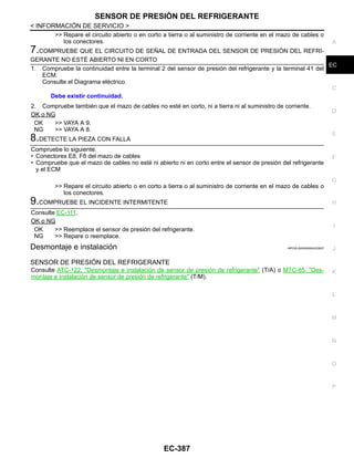 SENSOR DE PRESIÓN DEL REFRIGERANTE
EC-387
< INFORMACIÓN DE SERVICIO >
C
D
E
F
G
H
I
J
K
L
M
A
EC
N
P
O
>> Repare el circuito abierto o en corto a tierra o al suministro de corriente en el mazo de cables o
los conectores.
7.COMPRUEBE QUE EL CIRCUITO DE SEÑAL DE ENTRADA DEL SENSOR DE PRESIÓN DEL REFRI-
GERANTE NO ESTÉ ABIERTO NI EN CORTO
1. Compruebe la continuidad entre la terminal 2 del sensor de presión del refrigerante y la terminal 41 del
ECM.
Consulte el Diagrama eléctrico.
2. Compruebe también que el mazo de cables no esté en corto, ni a tierra ni al suministro de corriente.
OK o NG
OK >> VAYA A 9.
NG >> VAYA A 8.
8.DETECTE LA PIEZA CON FALLA
Compruebe lo siguiente.
• Conectores E8, F8 del mazo de cables
• Compruebe que el mazo de cables no esté ni abierto ni en corto entre el sensor de presión del refrigerante
y el ECM
>> Repare el circuito abierto o en corto a tierra o al suministro de corriente en el mazo de cables o
los conectores.
9.COMPRUEBE EL INCIDENTE INTERMITENTE
Consulte EC-111.
OK o NG
OK >> Reemplace el sensor de presión del refrigerante.
NG >> Repare o reemplace.
Desmontaje e instalación INFOID:0000000004333937
SENSOR DE PRESIÓN DEL REFRIGERANTE
Consulte ATC-122, "Desmontaje e instalación de sensor de presión de refrigerante" (T/A) o MTC-85, "Des-
montaje e instalación de sensor de presión de refrigerante" (T/M).
Debe existir continuidad.
Revisión: Agosto de 2008 2009 Tiida
 