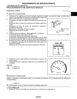 PROCEDIMIENTO DE SERVICIO BÁSICO
EC-51
< INFORMACIÓN DE SERVICIO >
C
D
E
F
G
H
I
J
K
L
M
A
EC
N
P
O
PROCEDIMIENTO DE SERVICIO BÁSICO
Inspección básica INFOID:0000000004333576
1.INICIO DE LA INSPECCIÓN
1. Verifique en los registros de servicio cualquier reparación reciente que pudiera indicar una falla relacio-
nada o una necesidad actual para el mantenimiento programado.
2. Abra el cofre del motor y compruebe lo siguiente:
- Conectores de mazo de cables en busca de conexiones inco-
rrectas
- Mazos de hilos en busca de conexiones incorrectas, pellizcos y
cortes
- Mangueras de vacío en busca de hendiduras, dobleces y
conexiones incorrectas
- Mangueras y conductos en busca de fugas
- Obstrucciones en el filtro de aire
- Junta
3. Confirme que no se apliquen cargas eléctricas o mecánicas.
- El interruptor de los faros está en APAG.
- El interruptor del aire acondicionado está APAG.
- El interruptor del desempañador del cristal trasero está en APAG.
- El volante de dirección esté en posición recta hacia delante, etc.
4. Arranque el motor y deje que se caliente hasta que el indicador
de temperatura del agua de enfriamiento del motor esté en el
centro del medidor.
Asegúrese de que el motor permanezca debajo de 1,000 rpm.
5. Acelere el motor a unas 2,000 rpm durante aprox. 2 minutos, sin
carga alguna.
6. Asegúrese de que no aparezca ningún DTC con el CONSULT-III
o un GST.
OK o NG
OK >> VAYA A 3.
NG >> VAYA A 2.
2.REPARAR O REEMPLAZAR
Repare o reemplace componentes según sea necesario de acuerdo con el Procedimiento de diagnóstico
correspondiente.
>> VAYA A 3.
3.COMPRUEBE LA VELOCIDAD DE MARCHA MÍNIMA OBJETIVO
Con CONSULT-III
1. Acelere el motor a unas 2,000 rpm durante aprox. 2 minutos, sin carga alguna.
RDE872T
RDE865T
RDE866T
Revisión: Agosto de 2008 2009 Tiida
 