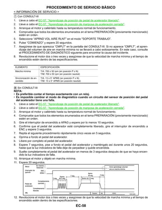 EC-58
< INFORMACIÓN DE SERVICIO >
PROCEDIMIENTO DE SERVICIO BÁSICO
Con CONSULT-III
1. Lleve a cabo el EC-57, "Aprendizaje de posición de pedal de acelerador liberado".
2. Lleve a cabo el EC-57, "Aprendizaje de posición de mariposa de aceleración cerrada".
3. Arranque el motor y caliéntelo hasta su temperatura normal de funcionamiento.
4. Compruebe que todos los elementos enumerados en el tema PREPARACIÓN (previamente mencionado)
estén en orden.
5. Seleccione “APRND VOL AIRE RLNT” en el modo "SOPORTE TRABAJO”.
6. Pulse “COMIENZO” y espere 20 segundos.
7. Asegúrese de que aparezca “CMPLT” en la pantalla del CONSULT-III. Si no aparece “CMPLT”, el apren-
dizaje del volumen de aire en marcha mínima no se llevará a cabo exitosamente. En este caso, consulte
el PROCEDIMIENTO DE DIAGNÓSTICO siguiente para encontrar la causa del incidente.
8. Revolucione el motor dos o tres veces y asegúrese de que la velocidad de marcha mínima y el tiempo de
encendido estén dentro de las especificaciones.
Sin CONSULT-III
NOTA:
• Es preferible contar el tiempo exactamente con un reloj.
• Es imposible cambiar el modo de diagnóstico cuando un circuito del sensor de posición del pedal
del acelerador tiene una falla.
1. Lleve a cabo el EC-57, "Aprendizaje de posición de pedal de acelerador liberado".
2. Lleve a cabo el EC-57, "Aprendizaje de posición de mariposa de aceleración cerrada".
3. Arranque el motor y caliéntelo hasta su temperatura normal de funcionamiento.
4. Compruebe que todos los elementos enumerados en el tema PREPARACIÓN (previamente mencionado)
estén en orden.
5. Gire el interruptor de encendido a APAG y espere por lo menos 10 segundos.
6. Confirme que el pedal del acelerador esté completamente liberado, gire el interruptor de encendido a
ENC y espere 3 segundos.
7. Repita el siguiente procedimiento rápidamente cinco veces en 5 segundos.
a. Oprima a fondo el pedal del acelerador.
b. Libere por completo el pedal del acelerador.
8. Espere 7 segundos, pise a fondo el pedal del acelerador y manténgalo así durante unos 20 segundos,
hasta que la luz indicadora de falla deje de parpadear y quede encendida.
9. Suelte completamente el pedal del acelerador en menos de 3 segundos después de que se haya encen-
dido la luz indicadora de falla.
10. Arranque el motor y déjelo en marcha mínima.
11. Espere 20 segundos.
12. Revolucione el motor dos o tres veces y asegúrese de que la velocidad de marcha mínima y el tiempo de
encendido estén dentro de las especificaciones.
ELEMENTO ESPECIFICACIÓN
Marcha mínima T/A: 700 ± 50 rpm (en posición P o N)
T/M: 700 ± 50 rpm (en posición neutral)
Sincronización de en-
cendido
T/A: 13 ± 5° APMS (en posición P o N)
T/M: 13 ± 5° APMS (en posición neutral)
RDB786B
Revisión: Agosto de 2008 2009 Tiida
 