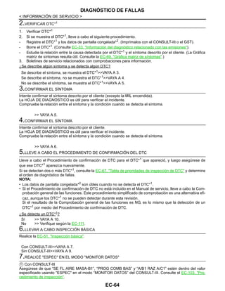 EC-64
< INFORMACIÓN DE SERVICIO >
DIAGNÓSTICO DE FALLAS
2.VERIFICAR DTC*1
1. Verificar DTC*1
2. Si se muestra el DTC*1
, lleve a cabo el siguiente procedimiento.
- Registre el DTC*1
y los datos de pantalla congelada*2
. (Imprímalos con el CONSULT-III o el GST).
- Borre el DTC*1
. (Consulte EC-33, "Información del diagnóstico relacionado con las emisiones").
- Estudie la relación entre la causa detectada por el DTC*1
y el síntoma descrito por el cliente. (La Gráfica
matriz de síntomas resulta útil. Consulte la EC-69, "Gráfica matriz de síntomas".)
3. Boletines de servicio relacionados con comprobaciones para información.
¿Se describe algún síntoma y se detecta algún DTC?
Se describe el síntoma, se muestra el DTC*1
>>VAYA A 3.
Se describe el síntoma, no se muestra el DTC*1
>>VAYA A 4.
No se describe el síntoma, se muestra el DTC*1
>>VAYA A 5.
3.CONFIRMAR EL SÍNTOMA
Intente confirmar el síntoma descrito por el cliente (excepto la MIL encendida).
La HOJA DE DIAGNÓSTICO es útil para verificar el incidente.
Compruebe la relación entre el síntoma y la condición cuando se detecta el síntoma.
>> VAYA A 5.
4.CONFIRMAR EL SÍNTOMA
Intente confirmar el síntoma descrito por el cliente.
La HOJA DE DIAGNÓSTICO es útil para verificar el incidente.
Compruebe la relación entre el síntoma y la condición cuando se detecta el síntoma.
>> VAYA A 6.
5.LLEVE A CABO EL PROCEDIMIENTO DE CONFIRMACIÓN DEL DTC
Lleve a cabo el Procedimiento de confirmación de DTC para el DTC*1
que apareció, y luego asegúrese de
que ese DTC*1
aparezca nuevamente.
Si se detectan dos o más DTC*1
, consulte la EC-67, "Tabla de prioridades de inspección de DTC" y determine
el orden de diagnóstico de fallas.
NOTA:
• Los datos de pantalla congelada*2
son útiles cuando no se detecta el DTC*1
.
• Si el Procedimiento de confirmación de DTC no está incluido en el Manual de servicio, lleve a cabo la Com-
probación general de las funciones. Este procedimiento simplificado de comprobación es una alternativa efi-
caz, aunque los DTC*1
no se pueden detectar durante esta revisión.
Si el resultado de la Comprobación general de las funciones es NG, es lo mismo que la detección de un
DTC*1 por medio del Procedimiento de confirmación de DTC.
¿Se detecta un DTC*1
?
Sí >> VAYA A 10.
No >> Verifique según la EC-111.
6.LLEVAR A CABO INSPECCIÓN BÁSICA
Realice la EC-51, "Inspección básica".
Con CONSULT-III>>VAYA A 7.
Sin CONSULT-III>>VAYA A 9.
7.REALICE "ESPEC" EN EL MODO "MONITOR DATOS"
Con CONSULT-III
Asegúrese de que “SE FL AIRE MASA-B1”, “PROG COMB BAS” y “A/B1 RAZ A/C1” estén dentro del valor
especificado usando "ESPEC" en el modo “MONITOR DATOS” del CONSULT-III. Consulte el EC-103, "Pro-
cedimiento de inspección".
Revisión: Agosto de 2008 2009 Tiida
 