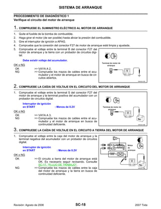 SC-18
SISTEMA DE ARRANQUE
Revisión: Agosto de 2006 2007 Tiida
PROCEDIMIENTO DE DIAGNÓSTICO 1
Verifique el circuito del motor de arranque
1. COMPRUEBE EL SUMINISTRO ELÉCTRICO AL MOTOR DE ARRANQUE
1. Quite el fusible de la bomba de combustible.
2. Haga girar el motor (de ser posible) hasta aliviar la presión del combustible.
3. Gire el interruptor de ignición a APAG.
4. Compruebe que la conexión del conector F27 de motor de arranque esté limpia y ajustada.
5. Compruebe el voltaje entre la terminal B del conector F27 del
motor de arranque y la tierra con un probador de circuitos digi-
tal.
OK o NG
OK >> VAYA A 2.
NG >> Compruebe los mazos de cables entre el acu-
mulador y el motor de arranque en busca de cir-
cuitos abiertos.
2. COMPRUEBE LA CAÍDA DE VOLTAJE EN EL CIRCUITO DEL MOTOR DE ARRANQUE
1. Compruebe el voltaje entre la terminal S del conector F27 del
motor de arranque y la terminal positiva del acumulador con un
probador de circuitos digital.
OK o NG
OK >> VAYA A 3.
NG >> Compruebe los mazos de cables entre el acu-
mulador y el motor de arranque en busca de
continuidad deficiente.
3. COMPRUEBE LA CAÍDA DE VOLTAJE EN EL CIRCUITO A TIERRA DEL MOTOR DE ARRANQUE
1. Compruebe el voltaje entre la caja del motor de arranque y la
terminal negativa del acumulador con un probador de circuitos
digital.
OK o NG
OK >> El circuito a tierra del motor de arranque está
OK. Es necesario seguir revisando. Consulte
SC-17, "FLUJO DE TRABAJO".
NG >> Compruebe los mazos de cables entre la caja
del motor de arranque y la tierra en busca de
continuidad deficiente.
Debe existir voltaje del acumulador.
WKIA0137E
Interruptor de ignición
en START : Menos de 0.2V
WKIA0138E
Interruptor de ignición
en START : Menos de 0.2V
WKIA0139E
 