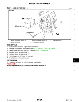 SISTEMA DE ARRANQUE
SC-21
C
D
E
F
G
H
I
J
L
M
A
B
SC
Revisión: Agosto de 2006 2007 Tiida
Desmontaje e instalación EKS00JAV
DESMONTAJE
1. Desconecte la terminal negativa del acumulador.
2. Quite el ducto de aire (toma). Consulte EM-17, "FILTRO Y DUCTO DE AIRE".
3. Desmonte el tanque de depósito. Consulte CO-11, "RADIADOR".
4. Quite la tuerca de la terminal “S”.
5. Quite la tuerca de la terminal “B”.
6. Quite los pernos del motor de arranque.
7. Desmonte el motor de arranque.
INSTALACIÓN
La instalación se realiza en orden inverso al desmontaje.
PRECAUCIÓN:
Asegúrese de apretar con cuidado la tuerca de la terminal “B”.
1. Mazos de cables de terminal "S" 2. Mazos de cables de terminal "B" 3. Motor de arranque
4. Bloque de cilindros Parte delantera del motor
WKIA5611E
 