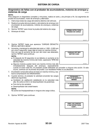 SC-24
SISTEMA DE CARGA
Revisión: Agosto de 2006 2007 Tiida
Diagnóstico de fallas con el probador de acumuladores, motores de arranque y
sistemas de carga EKS00JAY
NOTA:
Para asegurar un diagnóstico completo y minucioso, realice en serie, y de principio a fin, los segmentos de
prueba de acumulador, motor de arranque y alternador.
1. Interrumpa todas las carga del sistema eléctrico del vehículo.
2. Realice la prueba del acumulador y del sistema de arranque con
el probador de acumuladores, motores de arranque y sistemas
de carga.
3. Oprima “INTRO” para iniciar la prueba del sistema de carga.
4. Arranque el motor.
5. Oprima “INTRO” hasta que aparezca “CARGAS DESACTIV
REVOL MOTOR 5 SEGS”.
6. Aumente y mantenga la velocidad del motor a 1,500 - 2,000 rpm
por unos 5 segundos, luego deje el motor en marcha mínima.
Una vez que el aumento de las rpm del motor sea detectado,
oprima “INTRO” para continuar.
NOTA:
G Si después de 30 segundos no se detecta un aumento en la
velocidad de marcha mínima del motor, aparecerá “RPM NO
DETECTADO”.
G Algunos motores pueden tener una marcha mínima más alta
inmediatamente después del arranque, especialmente
cuando el motor está frío. El probador puede detectarlo sin proceder a ninguna otra acción. Si esto
ocurre, continúe con el proceso de prueba. Los resultados finales no se afectarán.
7. El probador comprueba ahora el motor en marcha mínima y rea-
liza la comprobación de ONDA/DIODO.
8. Cuando termina, el probador le solicitará encender las cargas
eléctricas siguientes.
G Ventilador de calefacción establecido en la velocidad más
alta. No active el A/A ni el desempañador de parabrisas.
G Faro de luz de carretera
G Desempañador del cristal trasero
NOTA:
No active los limpiaparabrisas ni ninguna otra carga cíclica.
9. Oprima “INTRO” para continuar.
SEL417X
SEL418X
SEL419X
SEL420X
 