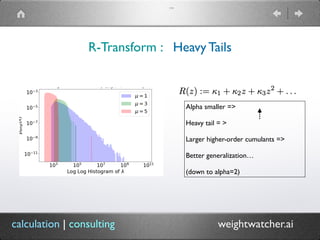 c|c
(TM)
R-Transform : Heavy Tails
Alpha smaller =>
Heavy tail = >
Larger higher-order cumulants =>
Better generalization…
(down to alpha=2)
calculation | consulting weightwatcher.ai
 