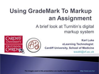 A brief look at Turnitin’s digital markup system Karl Luke eLearning Technologist  Cardiff University, School of Medicine [email_address] The images used in this presentation are royalty free and obtained via  http:// www.sxc.hu /   