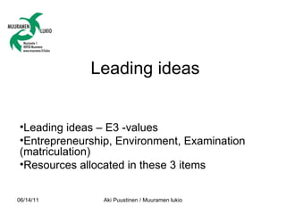 Leading ideas <ul><li>Leading ideas – E3 -values </li></ul><ul><li>Entrepreneurship, Environment, Examination (matriculati...