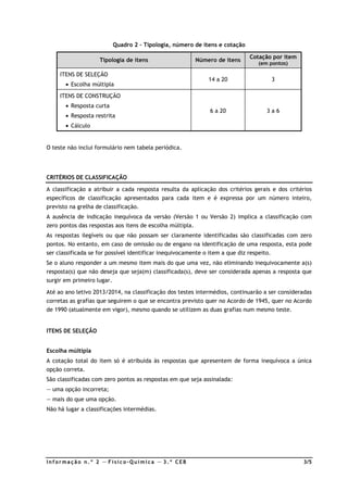 Inf ormação n. º 2 — F ísico- Química — 3. º CEB 3/5
Quadro 2 – Tipologia, número de itens e cotação
Tipologia de itens Número de itens
Cotação por item
(em pontos)
ITENS DE SELEÇÃO
• Escolha múltipla
14 a 20 3
ITENS DE CONSTRUÇÃO
• Resposta curta
• Resposta restrita
• Cálculo
6 a 20 3 a 6
O teste não inclui formulário nem tabela periódica.
CRITÉRIOS DE CLASSIFICAÇÃO
A classificação a atribuir a cada resposta resulta da aplicação dos critérios gerais e dos critérios
específicos de classificação apresentados para cada item e é expressa por um número inteiro,
previsto na grelha de classificação.
A ausência de indicação inequívoca da versão (Versão 1 ou Versão 2) implica a classificação com
zero pontos das respostas aos itens de escolha múltipla.
As respostas ilegíveis ou que não possam ser claramente identificadas são classificadas com zero
pontos. No entanto, em caso de omissão ou de engano na identificação de uma resposta, esta pode
ser classificada se for possível identificar inequivocamente o item a que diz respeito.
Se o aluno responder a um mesmo item mais do que uma vez, não eliminando inequivocamente a(s)
resposta(s) que não deseja que seja(m) classificada(s), deve ser considerada apenas a resposta que
surgir em primeiro lugar.
Até ao ano letivo 2013/2014, na classificação dos testes intermédios, continuarão a ser consideradas
corretas as grafias que seguirem o que se encontra previsto quer no Acordo de 1945, quer no Acordo
de 1990 (atualmente em vigor), mesmo quando se utilizem as duas grafias num mesmo teste.
ITENS DE SELEÇÃO
Escolha múltipla
A cotação total do item só é atribuída às respostas que apresentem de forma inequívoca a única
opção correta.
São classificadas com zero pontos as respostas em que seja assinalada:
— uma opção incorreta;
— mais do que uma opção.
Não há lugar a classificações intermédias.
 