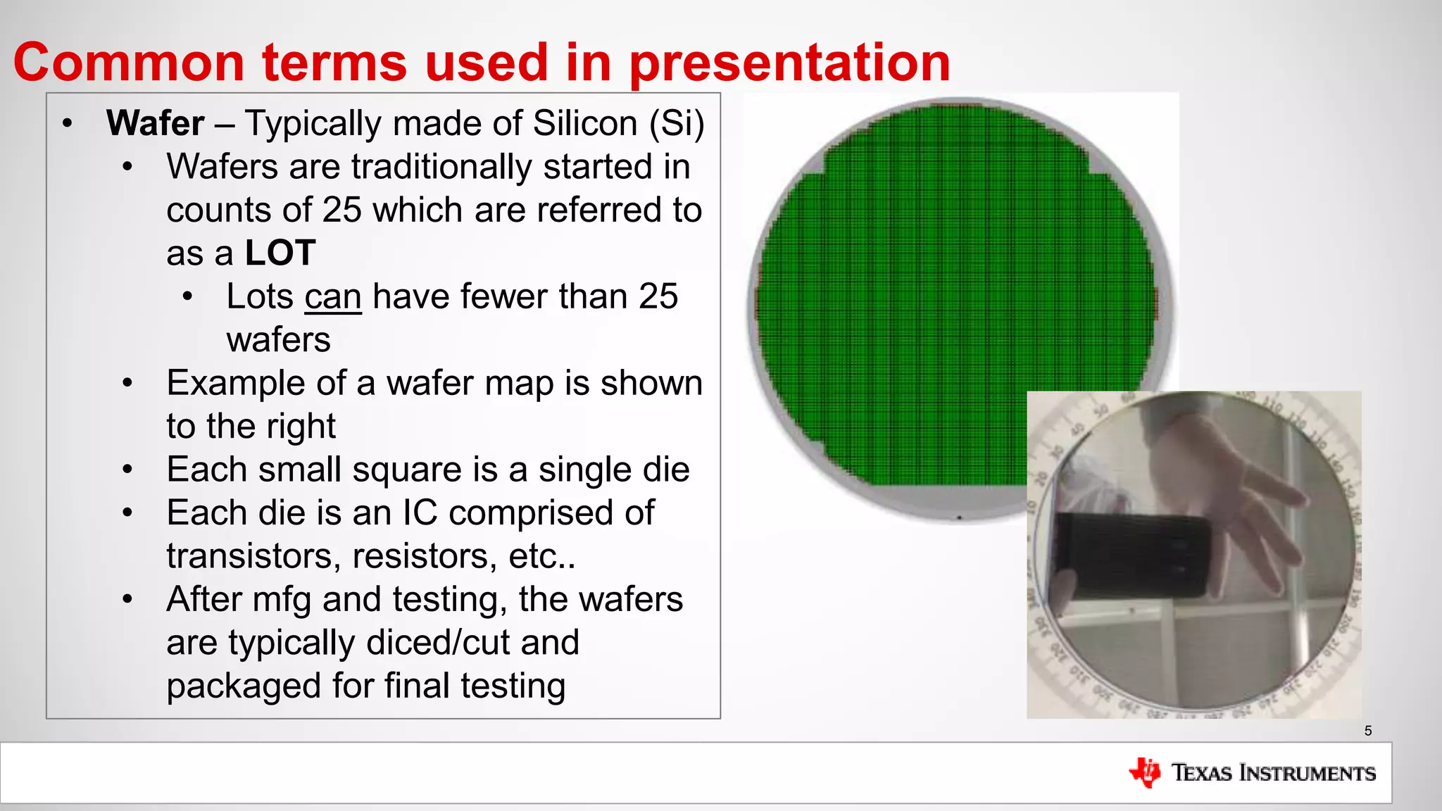 5
Common terms used in presentation
• Wafer – Typically made of Silicon (Si)
• Wafers are traditionally started in
counts of 25 which are referred to
as a LOT
• Lots can have fewer than 25
wafers
• Example of a wafer map is shown
to the right
• Each small square is a single die
• Each die is an IC comprised of
transistors, resistors, etc..
• After mfg and testing, the wafers
are typically diced/cut and
packaged for final testing
 