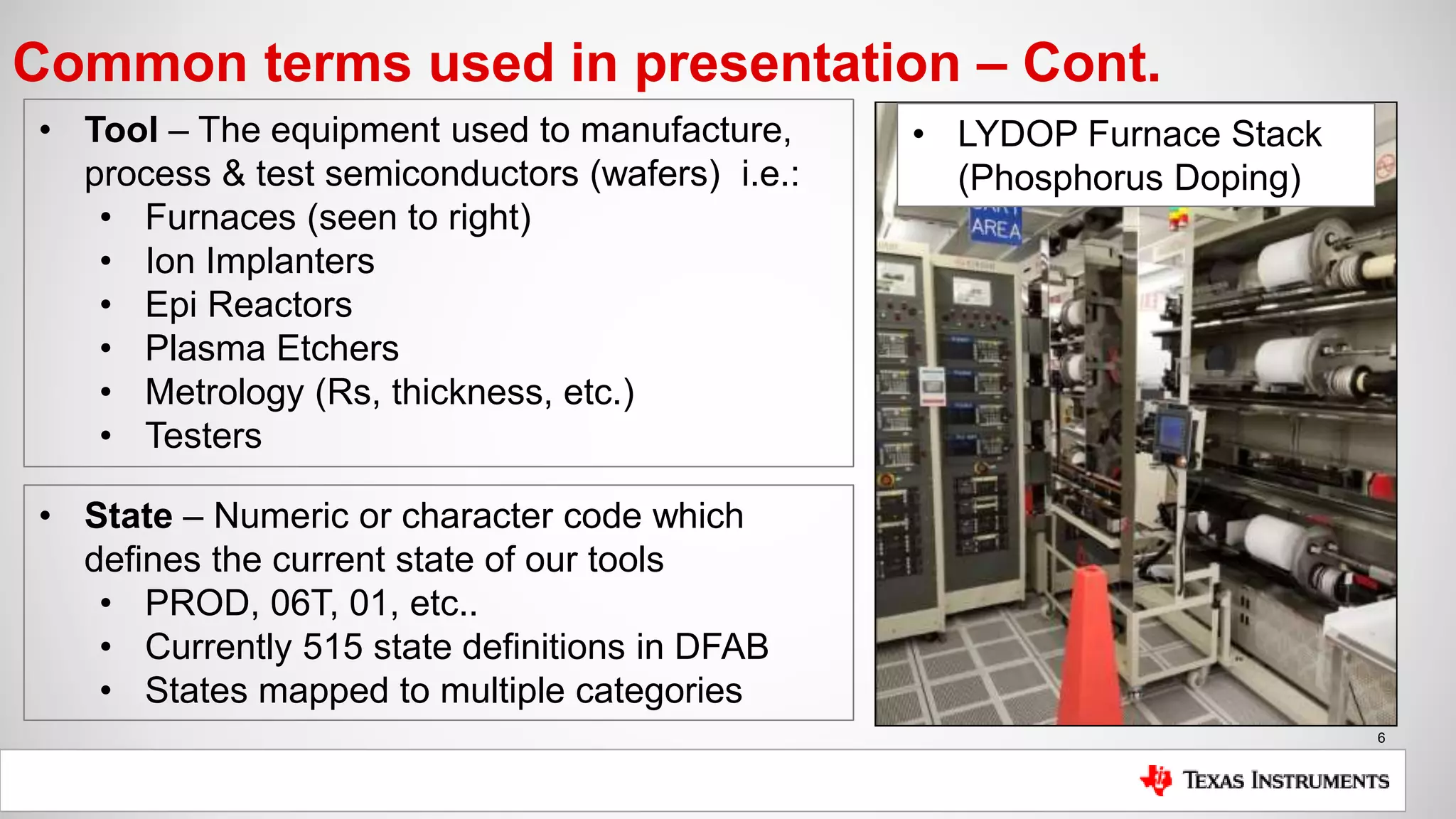 6
Common terms used in presentation – Cont.
• Tool – The equipment used to manufacture,
process & test semiconductors (wafers) i.e.:
• Furnaces (seen to right)
• Ion Implanters
• Epi Reactors
• Plasma Etchers
• Metrology (Rs, thickness, etc.)
• Testers
• State – Numeric or character code which
defines the current state of our tools
• PROD, 06T, 01, etc..
• Currently 515 state definitions in DFAB
• States mapped to multiple categories
• LYDOP Furnace Stack
(Phosphorus Doping)
 