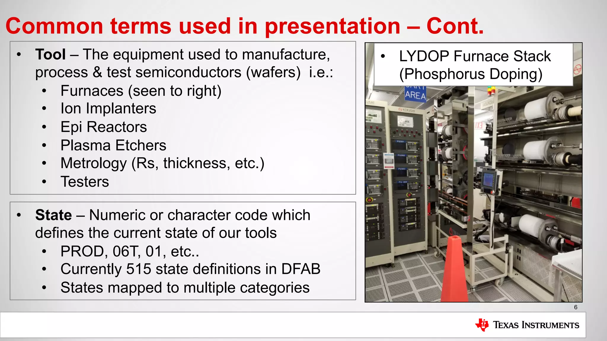 6
Common terms used in presentation – Cont.
• Tool – The equipment used to manufacture,
process & test semiconductors (wafers) i.e.:
• Furnaces (seen to right)
• Ion Implanters
• Epi Reactors
• Plasma Etchers
• Metrology (Rs, thickness, etc.)
• Testers
• State – Numeric or character code which
defines the current state of our tools
• PROD, 06T, 01, etc..
• Currently 515 state definitions in DFAB
• States mapped to multiple categories
• LYDOP Furnace Stack
(Phosphorus Doping)
 