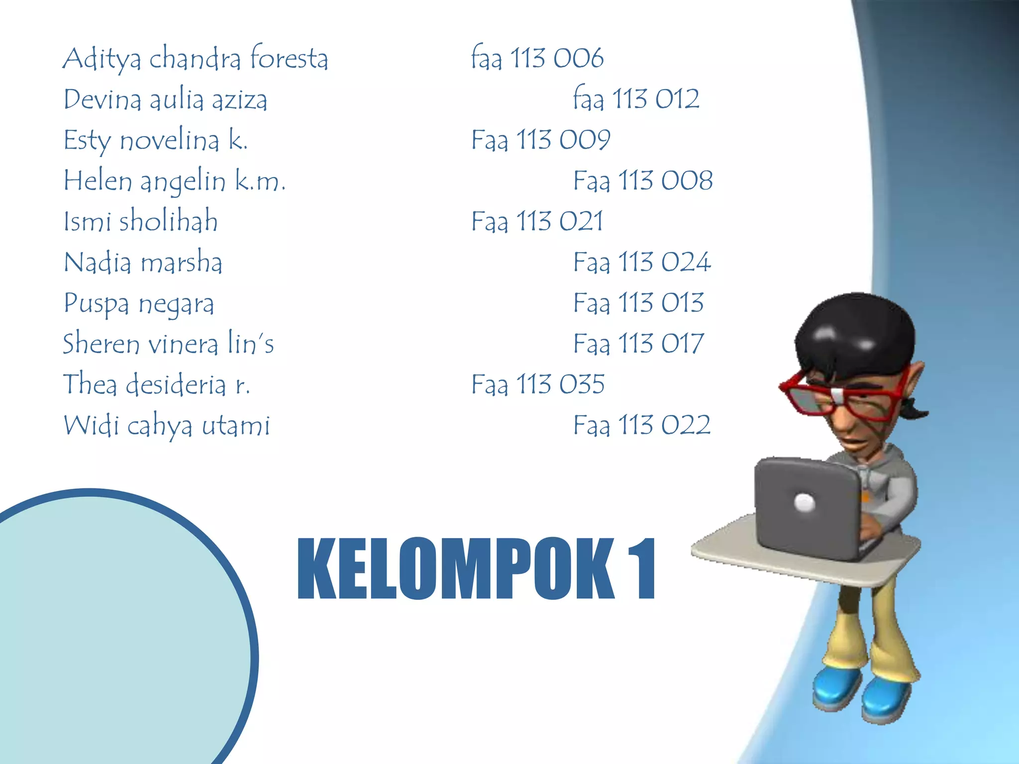 KELOMPOK 1
Aditya chandra foresta faa 113 006
Devina aulia aziza faa 113 012
Esty novelina k. Faa 113 009
Helen angelin k.m. Faa 113 008
Ismi sholihah Faa 113 021
Nadia marsha Faa 113 024
Puspa negara Faa 113 013
Sheren vinera lin’s Faa 113 017
Thea desideria r. Faa 113 035
Widi cahya utami Faa 113 022
 
