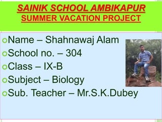 SAINIK SCHOOL AMBIKAPUR
SUMMER VACATION PROJECT
Name – Shahnawaj Alam
School no. – 304
Class – IX-B
Subject – Biology
Sub. Teacher – Mr.S.K.Dubey
 