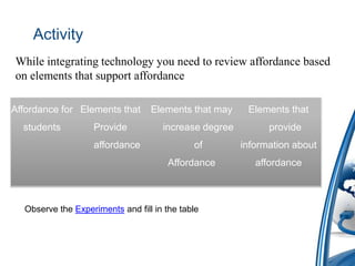Activity
While integrating technology you need to review affordance based
on elements that support affordance

Affordance for Elements that      Elements that may     Elements that
  students         Provide           increase degree         provide
                   affordance                of        information about
                                       Affordance         affordance



  Observe the Experiments and fill in the table
 