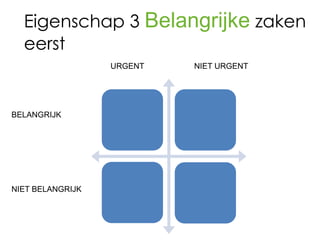 Eigenschap 3 Belangrijke zaken
  eerst
                  URGENT   NIET URGENT




BELANGRIJK




NIET BELANGRIJK
 