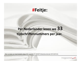 # Feitje:    Per Nederlander lezen we  33  tijdschriftennummers per jaar.  Bron: op basis van totaal betaalde oplage HOI / populatie 13+ (NOM Printbereiksonderzoek 2010-I/2010-II) 