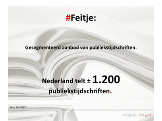# Feitje: Nederland telt ±  1.200   publiekstijdschriften .   Gesegmenteerd aanbod van publiekstijdschriften. Bron: NUV/GPT 