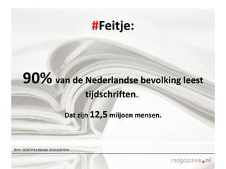 # Feitje: 90%   van de Nederlandse bevolking leest tijdschriften .   Dat zijn  12,5  miljoen mensen. Bron: NOM Print Monitor 2010-I/2010-II 