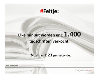 # Feitje: Elke minuut worden er ±  1.400   tijdschriften verkocht . Bron: Researchblog  Dit zijn er  ± 23  per seconde.  