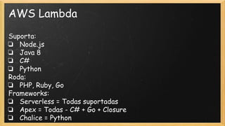 AWS Lambda
Suporta:
❏ Node.js
❏ Java 8
❏ C#
❏ Python
Roda:
❏ PHP, Ruby, Go
Frameworks:
❏ Serverless = Todas suportadas
❏ Apex = Todas - C# + Go + Closure
❏ Chalice = Python
 
