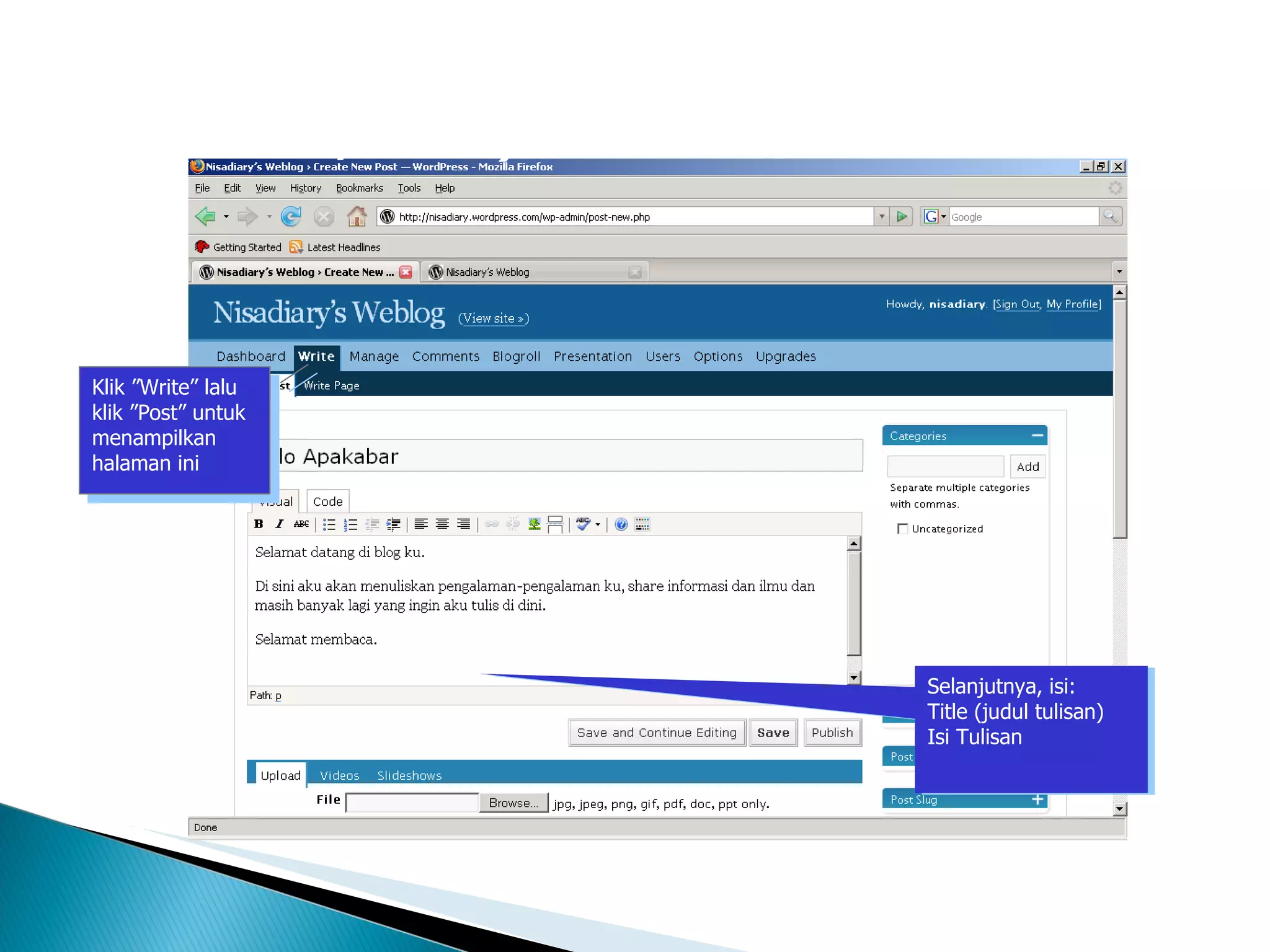 Blog Wordpress – Membuat Posting  (tulisan/artikel) ‏ Klik ”Write” lalu klik ”Post” untuk menampilkan halaman ini Selanjutnya, isi: Title (judul tulisan) ‏ Isi Tulisan 