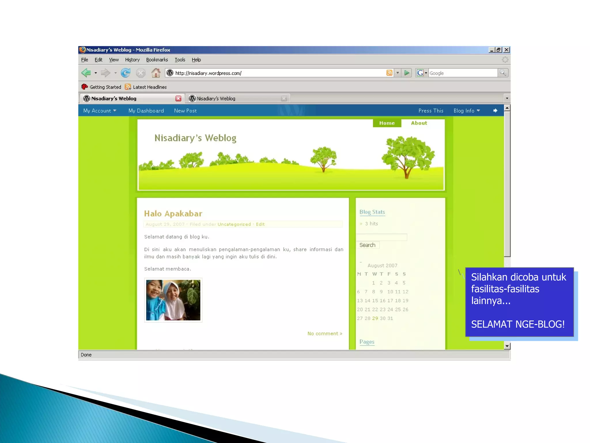 Blog Wordpress – Penampilan Blog Setelah Perubahan Theme & Lay Out Silahkan dicoba untuk fasilitas-fasilitas lainnya... SELAMAT NGE-BLOG! 