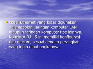 17kabel Ethernet yang biasa digunakan dalamopologi jaringan komputer LAN maupun jaringan komputer tipe lainnya. Konektor RJ-45 ini memiliki konfigurasi dua macam, sesuai dengan perangkat yang ingin dihubungkannya.