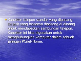 19Konektor telepon standar yang dipasang ke jack yang biasanya dipasang di dinding untuk mendapatkan sambungan telepon. Konektor ini bisa digunakan untuk menghubungkan komputer dalam sebuah jaringan PCnet-Home.