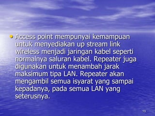 13Access point mempunyai kemampuan untuk menyediakan up stream link wireless menjadi jaringan kabel seperti normalnya saluran kabel. Repeater juga digunakan untuk menambah jarak maksimum tipa LAN. Repeater akan mengambil semua isyarat yang sampai kepadanya, pada semua LAN yang seterusnya.