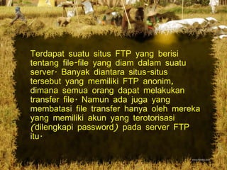 Terdapat suatu situs FTP yang berisi tentang file-file yang diam dalam suatu server. Banyak diantara situs-situs tersebut yang memiliki FTP anonim, dimana semua orang dapat melakukan transfer file. Namun ada juga yang membatasi file transfer hanya oleh mereka yang memiliki akun yang terotorisasi (dilengkapi password) pada server FTP itu.  