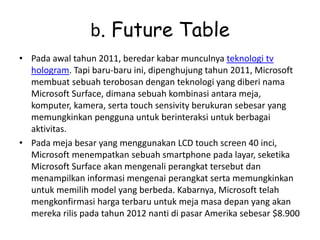 b. Future Table 
• Pada awal tahun 2011, beredar kabar munculnya teknologi tv 
hologram. Tapi baru-baru ini, dipenghujung tahun 2011, Microsoft 
membuat sebuah terobosan dengan teknologi yang diberi nama 
Microsoft Surface, dimana sebuah kombinasi antara meja, 
komputer, kamera, serta touch sensivity berukuran sebesar yang 
memungkinkan pengguna untuk berinteraksi untuk berbagai 
aktivitas. 
• Pada meja besar yang menggunakan LCD touch screen 40 inci, 
Microsoft menempatkan sebuah smartphone pada layar, seketika 
Microsoft Surface akan mengenali perangkat tersebut dan 
menampilkan informasi mengenai perangkat serta memungkinkan 
untuk memilih model yang berbeda. Kabarnya, Microsoft telah 
mengkonfirmasi harga terbaru untuk meja masa depan yang akan 
mereka rilis pada tahun 2012 nanti di pasar Amerika sebesar $8.900 
 