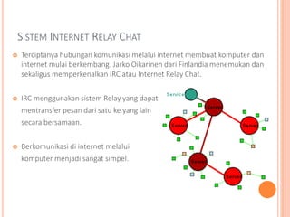 SISTEM INTERNET RELAY CHAT
 Terciptanya hubungan komunikasi melalui internet membuat komputer dan
internet mulai berkembang. Jarko Oikarinen dari Finlandia menemukan dan
sekaligus memperkenalkan IRC atau Internet Relay Chat.
 IRC menggunakan sistem Relay yang dapat
mentransfer pesan dari satu ke yang lain
secara bersamaan.
 Berkomunikasi di internet melalui
komputer menjadi sangat simpel.
 
