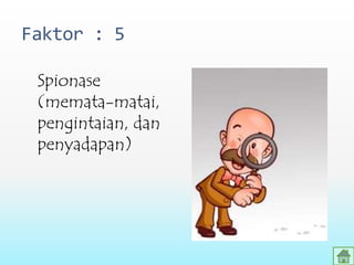 Faktor : 5
Spionase
(memata-matai,
pengintaian, dan
penyadapan)
 