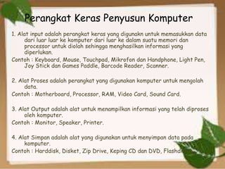 Perangkat Keras Penyusun Komputer
1. Alat input adalah perangkat keras yang digunakn untuk memasukkan data
dari luar luar ke komputer dari luar ke dalam suatu memori dan
processor untuk diolah sehingga menghasilkan informasi yang
diperlukan.
Contoh : Keyboard, Mouse, Touchpad, Mikrofon dan Handphone, Light Pen,
Joy Stick dan Games Paddle, Barcode Reader, Scanner.
2. Alat Proses adalah perangkat yang digunakan komputer untuk mengolah
data.
Contoh : Motherboard, Processor, RAM, Video Card, Sound Card.
3. Alat Output adalah alat untuk menampilkan informasi yang telah diproses
oleh komputer.
Contoh : Monitor, Speaker, Printer.
4. Alat Simpan adalah alat yang digunakan untuk menyimpan data pada
komputer.
Contoh : Harddisk, Disket, Zip Drive, Keping CD dan DVD, Flashdisk
 