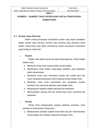 Materi Pelatihan Berbasis Kompetensi                      Kode Modul
Sektor Telematika Sub Sektor Computer Technical Support            TIK.CS03.008.01
                                            BAB V
    SUMBER – SUMBER YANG DIPERLUKAN UNTUK PENCAPAIAN
                                       KOMPETENSI




5.1 Sumber Daya Manusia
                   Dalam proses pencapaian kompetensi sumber yang dapat diandalkan
     adalah sumber daya manusia. Sumber daya manusia yang dimaksud disiini
     adalah orang-orang yang dapat mendukung proses pencapaian kompetensi
     yang dimaksud, antara lain:


       o           Pelatih
                      Pelatih Anda dipilih karena dia telah berpengalaman. Peran Pelatih
            adalah untuk:
              a. Membantu Anda untuk merencanakan proses belajar.
              b. Membimbing Anda melalui tugas-tugas pelatihan yang dijelaskan
                     dalam tahap belajar.
              c. Membantu Anda untuk memahami konsep dan praktik baru dan
                     untuk menjawab pertanyaan Anda mengenai proses belajar Anda.
              d. Membantu Anda untuk menentukan dan mengakses sumber
                     tambahan lain yang Anda perlukan untuk belajar Anda.
              e. Mengorganisir kegiatan belajar kelompok jika diperlukan.
              f.     Merencanakan seorang ahli dari tempat kerja untuk membantu jika
                     diperlukan.


       o           Penilai
                      Penilai Anda melaksanakan program pelatihan terstruktur untuk
            penilaian di tempat kerja. Penilai akan :
              a. Melaksanakan penilaian apabila Anda telah siap dan merencanakan
                     proses belajar dan penilaian selanjutnya dengan Anda.
 