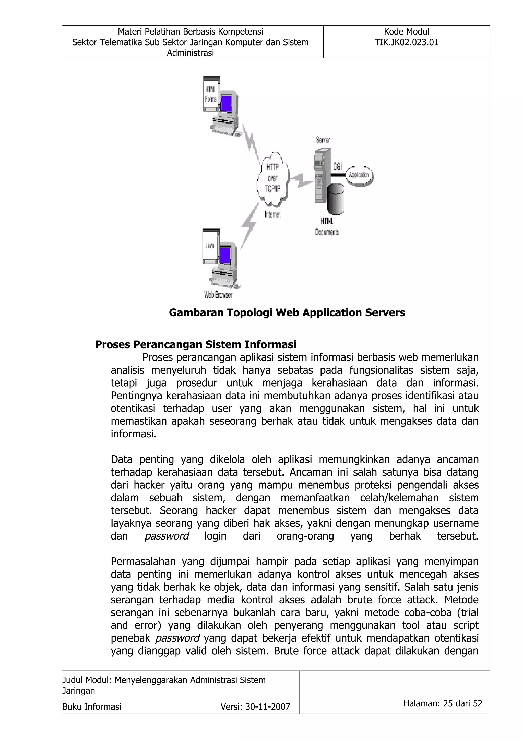 Materi Pelatihan Berbasis Kompetensi                   Kode Modul
  Sektor Telematika Sub Sektor Jaringan Komputer dan Sistem       TIK.JK02.023.01
                          Administrasi




                         Gambaran Topologi Web Application Servers


       Proses Perancangan Sistem Informasi
                  Proses perancangan aplikasi sistem informasi berbasis web memerlukan
          analisis menyeluruh tidak hanya sebatas pada fungsionalitas sistem saja,
          tetapi juga prosedur untuk menjaga kerahasiaan data dan informasi.
          Pentingnya kerahasiaan data ini membutuhkan adanya proses identifikasi atau
          otentikasi terhadap user yang akan menggunakan sistem, hal ini untuk
          memastikan apakah seseorang berhak atau tidak untuk mengakses data dan
          informasi.

           Data penting yang dikelola oleh aplikasi memungkinkan adanya ancaman
           terhadap kerahasiaan data tersebut. Ancaman ini salah satunya bisa datang
           dari hacker yaitu orang yang mampu menembus proteksi pengendali akses
           dalam sebuah sistem, dengan memanfaatkan celah/kelemahan sistem
           tersebut. Seorang hacker dapat menembus sistem dan mengakses data
           layaknya seorang yang diberi hak akses, yakni dengan menungkap username
           dan    password login dari orang-orang yang berhak tersebut.

           Permasalahan yang dijumpai hampir pada setiap aplikasi yang menyimpan
           data penting ini memerlukan adanya kontrol akses untuk mencegah akses
           yang tidak berhak ke objek, data dan informasi yang sensitif. Salah satu jenis
           serangan terhadap media kontrol akses adalah brute force attack. Metode
           serangan ini sebenarnya bukanlah cara baru, yakni metode coba-coba (trial
           and error) yang dilakukan oleh penyerang menggunakan tool atau script
           penebak password yang dapat bekerja efektif untuk mendapatkan otentikasi
           yang dianggap valid oleh sistem. Brute force attack dapat dilakukan dengan

Judul Modul: Menyelenggarakan Administrasi Sistem
Jaringan
Buku Informasi                        Versi: 30-11-2007                 Halaman: 25 dari 52
 
