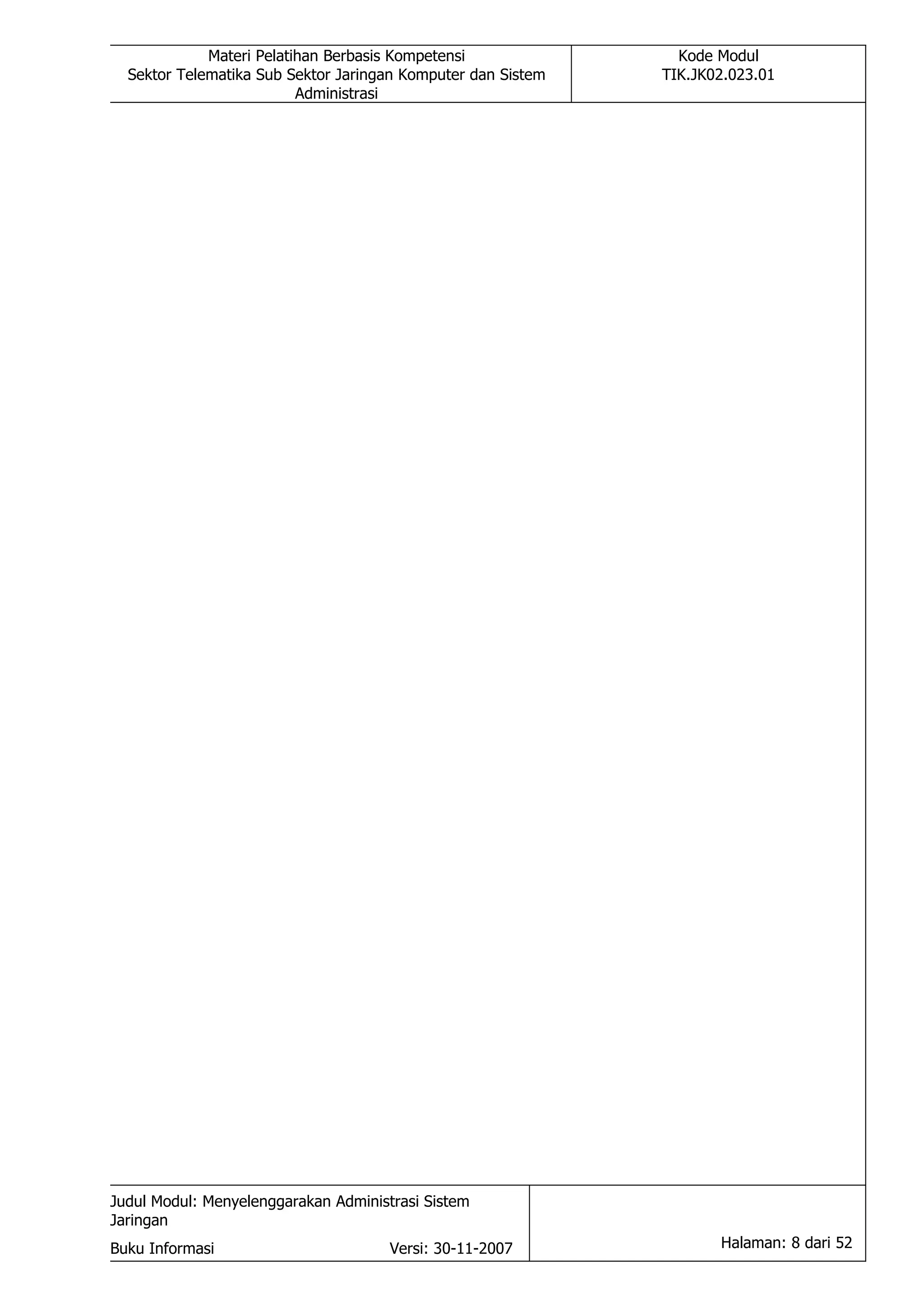 Materi Pelatihan Berbasis Kompetensi               Kode Modul
  Sektor Telematika Sub Sektor Jaringan Komputer dan Sistem   TIK.JK02.023.01
                          Administrasi




Judul Modul: Menyelenggarakan Administrasi Sistem
Jaringan
Buku Informasi                        Versi: 30-11-2007              Halaman: 8 dari 52
 