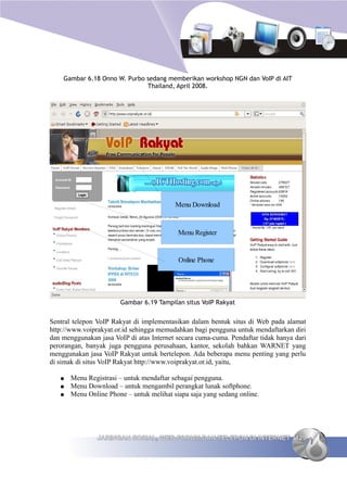 Gambar 6.18 Onno W. Purbo sedang memberikan workshop NGN dan VoIP di AIT
                              Thailand, April 2008.




                                          Menu Download


                                           Menu Register


                                           Online Phone




                        Gambar 6.19 Tampilan situs VoIP Rakyat


Sentral telepon VoIP Rakyat di implementasikan dalam bentuk situs di Web pada alamat
http://www.voiprakyat.or.id sehingga memudahkan bagi pengguna untuk mendaftarkan diri
dan menggunakan jasa VoIP di atas Internet secara cuma-cuma. Pendaftar tidak hanya dari
perorangan, banyak juga pengguna perusahaan, kantor, sekolah bahkan WARNET yang
menggunakan jasa VoIP Rakyat untuk bertelepon. Ada beberapa menu penting yang perlu
di simak di situs VoIP Rakyat http://www.voiprakyat.or.id, yaitu,

   ●   Menu Registrasi – untuk mendaftar sebagai pengguna.
   ●   Menu Download – untuk mengambil perangkat lunak softphone.
   ●   Menu Online Phone – untuk melihat siapa saja yang sedang online.




                JARINGAN SOSIAL, WEB FORUM DAN TELEPON DI INTERNET 129
 