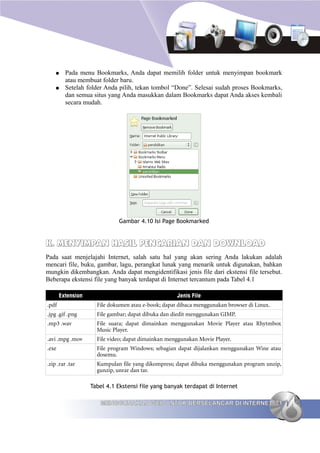●    Pada menu Bookmarks, Anda dapat memilih folder untuk menyimpan bookmark
         atau membuat folder baru.
    ●    Setelah folder Anda pilih, tekan tombol “Done”. Selesai sudah proses Bookmarks,
         dan semua situs yang Anda masukkan dalam Bookmarks dapat Anda akses kembali
         secara mudah.




                             Gambar 4.10 Isi Page Bookmarked


K. MENYIMPAN HASIL PENCARIAN DAN DOWNLOAD
Pada saat menjelajahi Internet, salah satu hal yang akan sering Anda lakukan adalah
mencari file, buku, gambar, lagu, perangkat lunak yang menarik untuk digunakan, bahkan
mungkin dikembangkan. Anda dapat mengidentifikasi jenis file dari ekstensi file tersebut.
Beberapa ekstensi file yang banyak terdapat di Internet tercantum pada Tabel 4.1

       Extension                                    Jenis File
.pdf                 File dokumen atau e-book; dapat dibaca menggunakan browser di Linux.
.jpg .gif .png       File gambar; dapat dibuka dan diedit menggunakan GIMP.
.mp3 .wav            File suara; dapat dimainkan menggunakan Movie Player atau Rhytmbox
                     Music Player.
.avi .mpg .mov       File video; dapat dimainkan menggunakan Movie Player.
.exe                 File program Windows; sebagian dapat dijalankan menggunakan Wine atau
                     dosemu.
.zip .rar .tar       Kumpulan file yang dikompress; dapat dibuka menggunakan program unzip,
                     gunzip, unrar dan tar.

                   Tabel 4.1 Ekstensi file yang banyak terdapat di Internet

                      MENGGUNAKAN WEB UNTUK BERSELANCAR DI INTERNET 71
 